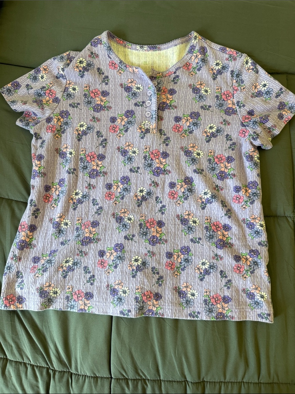 Floral Short-Sleeve Henley Top in Lavender